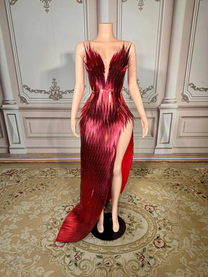 ZD Women’s Sequin Beading Appliques Floor-Length A-Line Nightclub Dress Sexy Deep V Neck Halter High Side Slit Natural