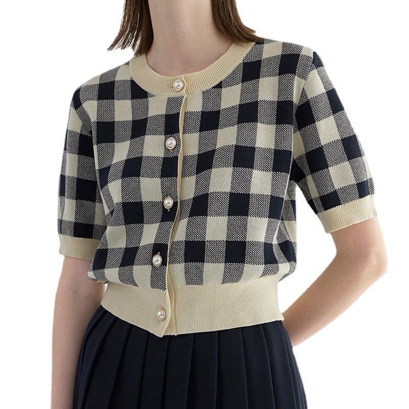 Trending Summer British style short sleeve cardigans women’s thin round neck checkerboard knitted top