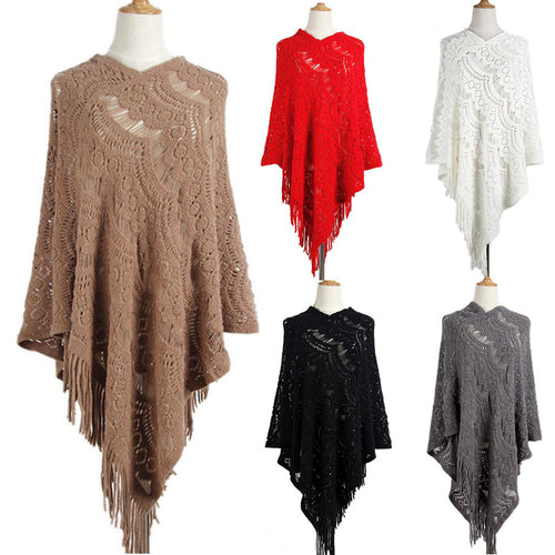 New Arrival Mid-length crocheted hollow out irregular tassel capes knitted pullover sweater women’s shawl