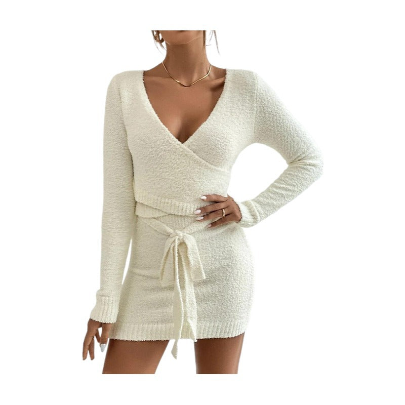 Trending Fashion V neck lace up crop top high waist skirts solid color women knitted sexy 2 piece set