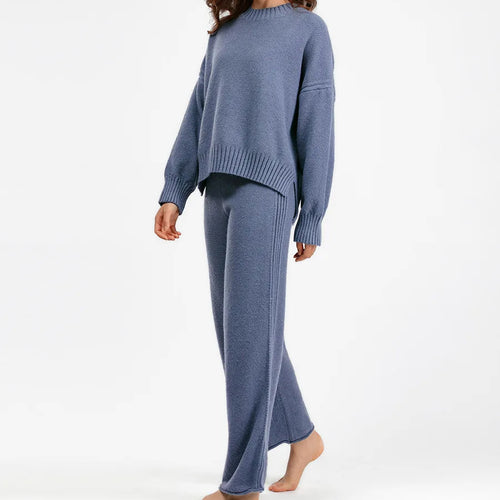 Trending Fashion Winter Autumn round neck oversize Pullover Cable sweaters wide leg pants knitted 2 piece set for women