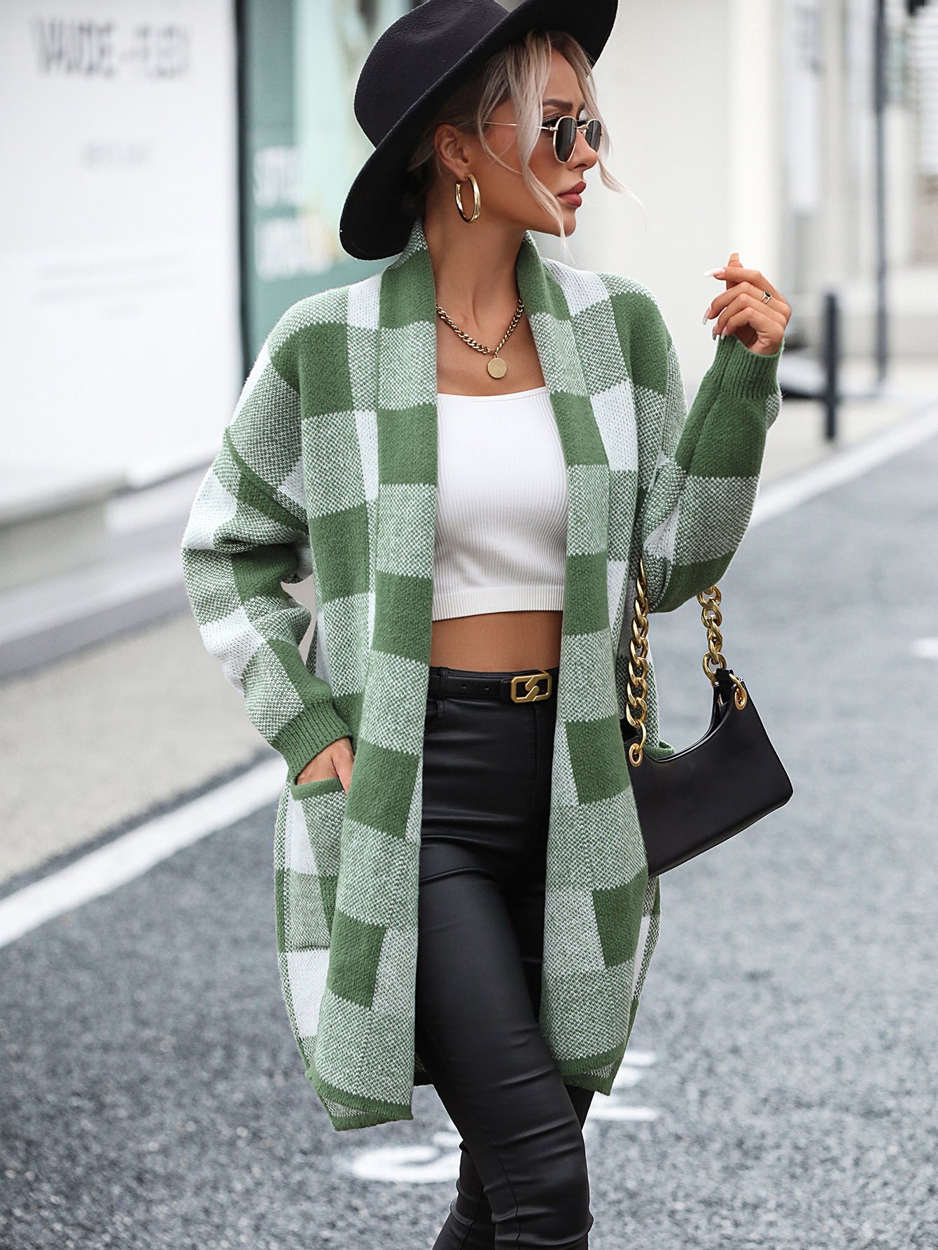 Hot selling oversize women knitwear matching color knitted sweaters fall winter plaid cardigans