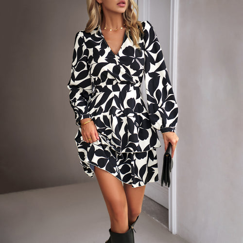 Autumn Fashion Women’s Elegant Botanical Print Waist-Cinching V-Neck Long Sleeve Knee-Length Dress