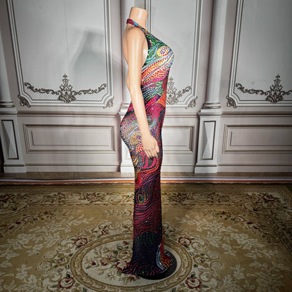 ZD Sexy See-through Mesh Dress with Deep Backless Design – Multi-Color Rhinestone Embellished Clubwear for Parties & Nightclubs