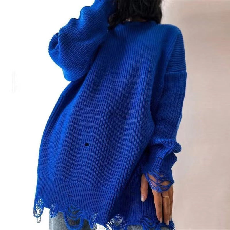 Trending Casual streetwear round neck Loose knitted solid color ripped sweater dress for omen