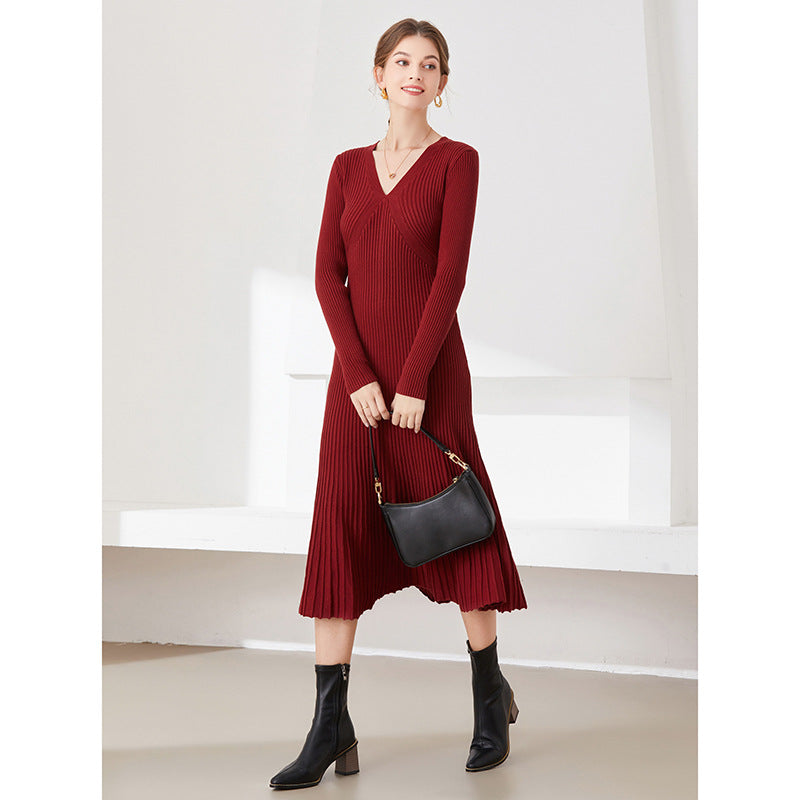 women fashion long sleeve knitwear slim fit elegant pullover v neck sweater knit midi dress
