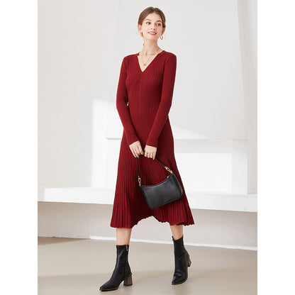 women fashion long sleeve knitwear slim fit elegant pullover v neck sweater knit midi dress