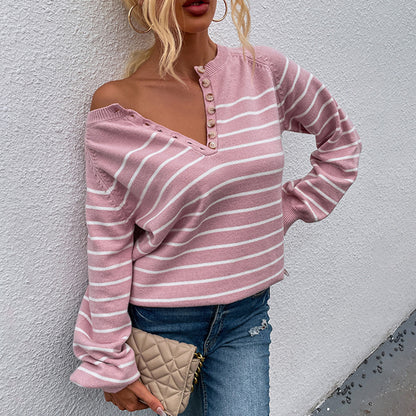 Hot selling crew neck long sleeve jumpers pullover casual single-breasted elegant striped sweaters for women