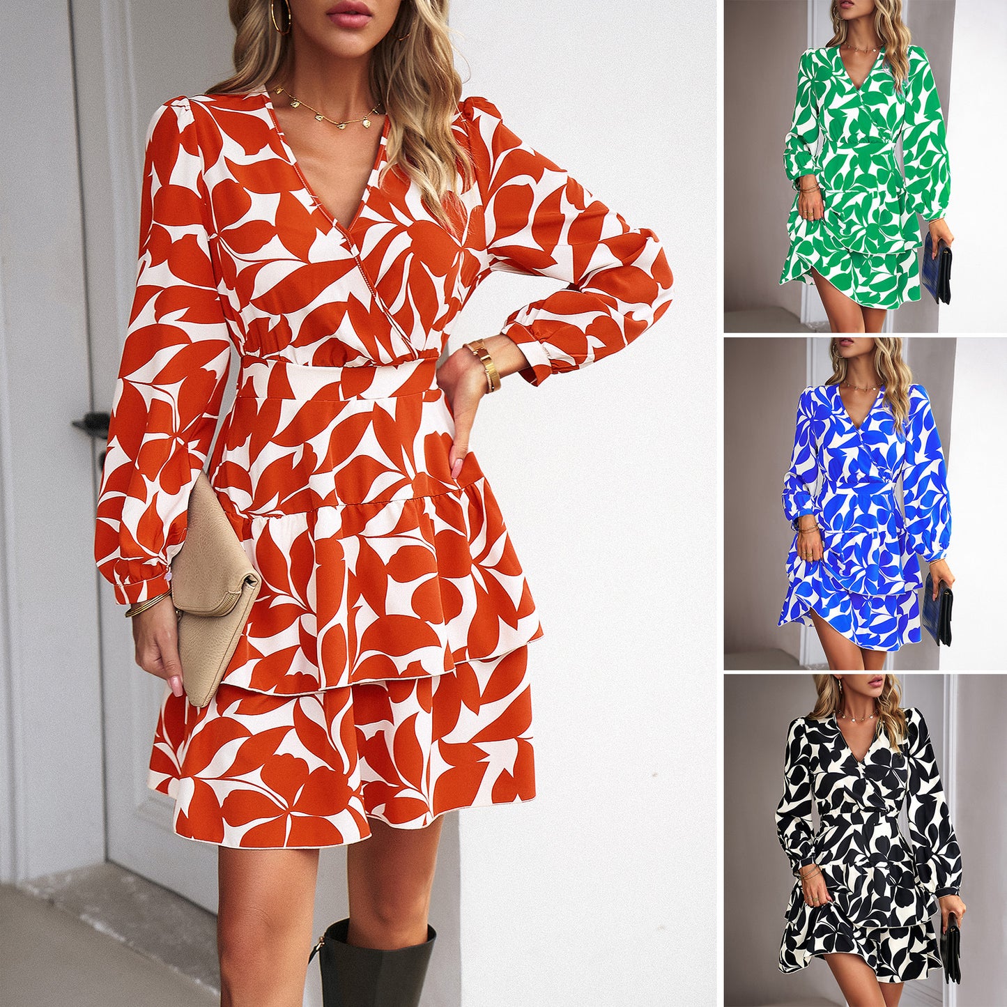Autumn Fashion Women’s Elegant Botanical Print Waist-Cinching V-Neck Long Sleeve Knee-Length Dress