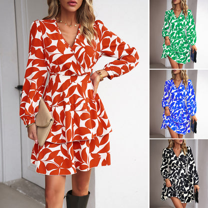 Autumn Fashion Women’s Elegant Botanical Print Waist-Cinching V-Neck Long Sleeve Knee-Length Dress