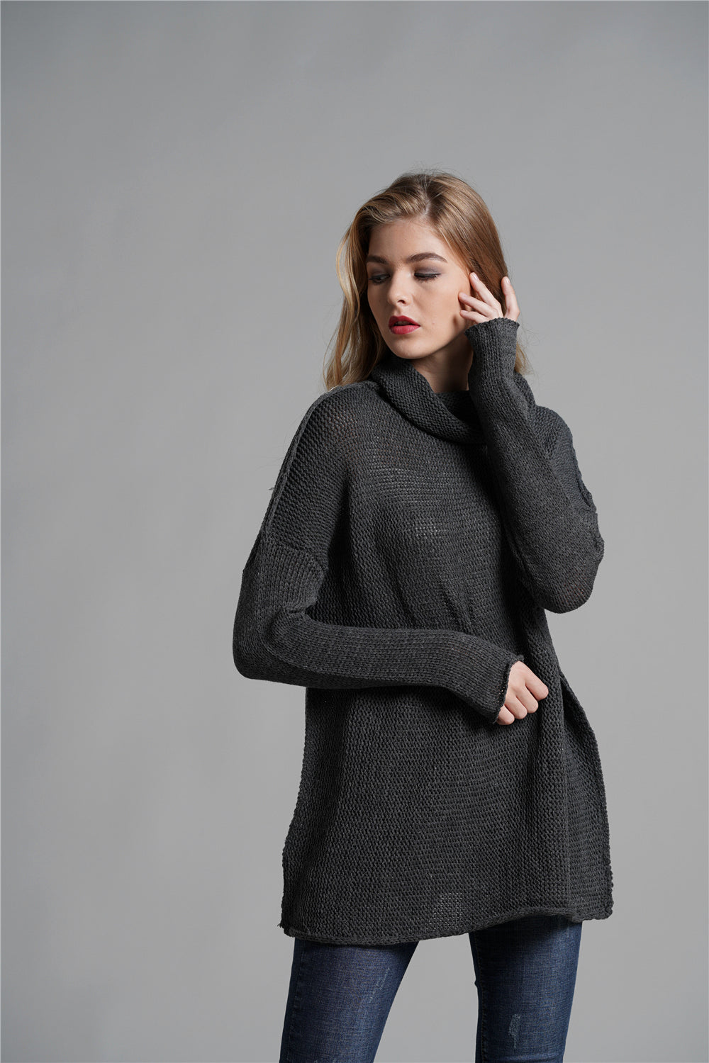 New arrival rolled collar jumper casual loose pure color winter autumn long sleeve women sweaters