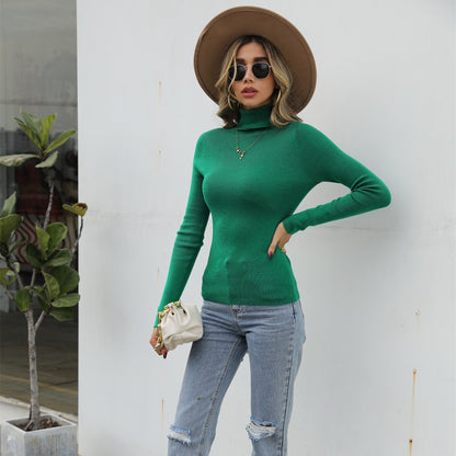 Spring autumn solid color long sleeve turtleneck elegant pullover slim fit women basic sweater