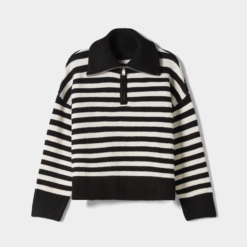 Autumn winter soft loose lazy stylish lapel collar half zipper high neck thick striped women’s sweater