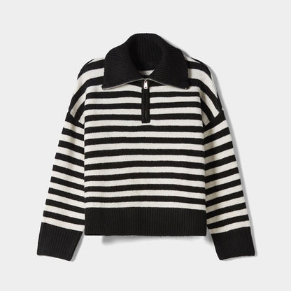 Autumn winter soft loose lazy stylish lapel collar half zipper high neck thick striped women’s sweater