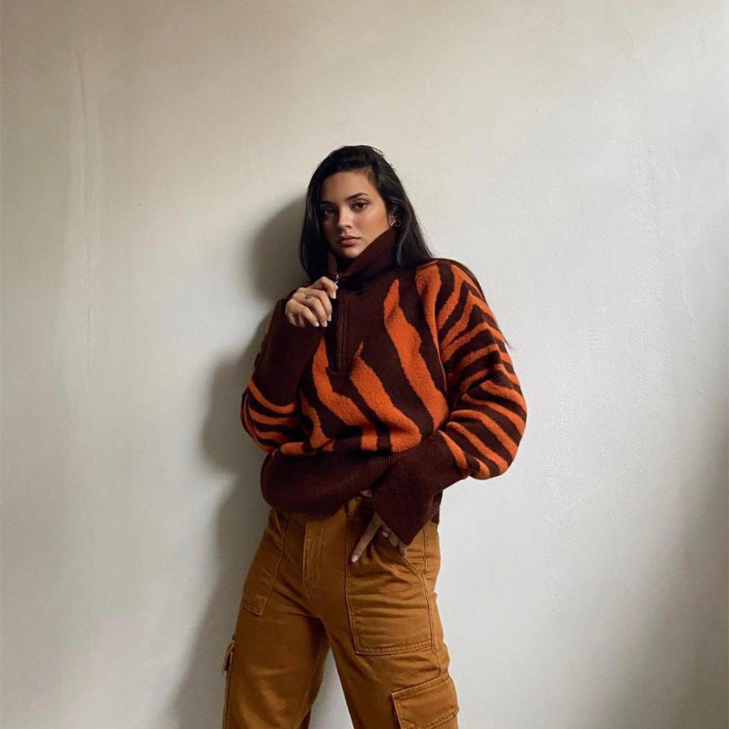 autumn winter thicken half collar Zipper knitwear pullover loose casual color blocking sweater mujer 2026