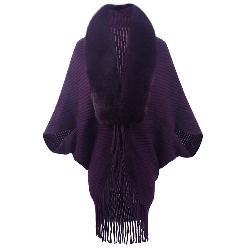 2026 Autumn winter pure color shawl pullover wool-collar tassel wraps women’s elegant knitted cape coat