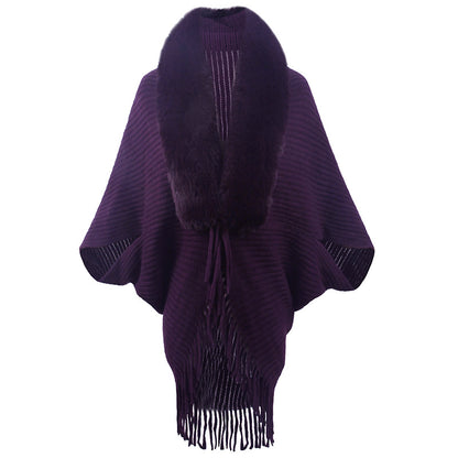 2026 Autumn winter pure color shawl pullover wool-collar tassel wraps women’s elegant knitted cape coat