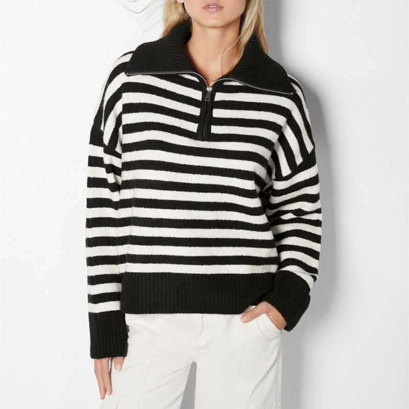 Autumn winter soft loose lazy stylish lapel collar half zipper high neck thick striped women’s sweater