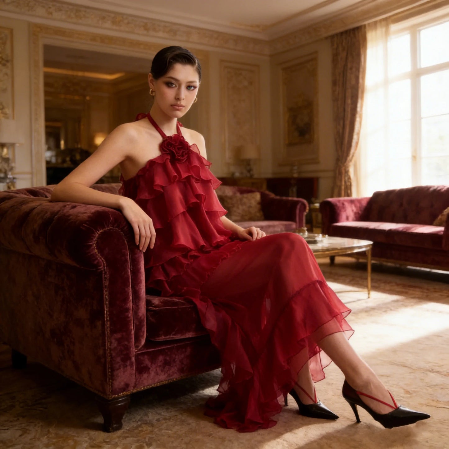 High Quality New 2026 Spring Modern A-Line Women’s Chiffon Maxi Dress Allover Cascading Ruffle Flower Patterns Quick Dry RED