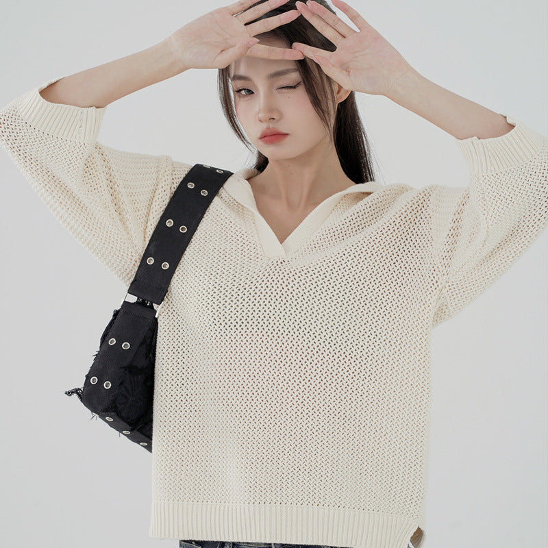 Trending fashion solid color casual knitwear pullover turn down collar hollow out sweaters women