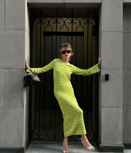 Knitwear winter long sleeve slim fit irregular design casual maxi hollow out knit dress women