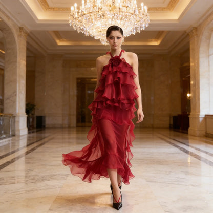 High Quality New 2026 Spring Modern A-Line Women’s Chiffon Maxi Dress Allover Cascading Ruffle Flower Patterns Quick Dry RED