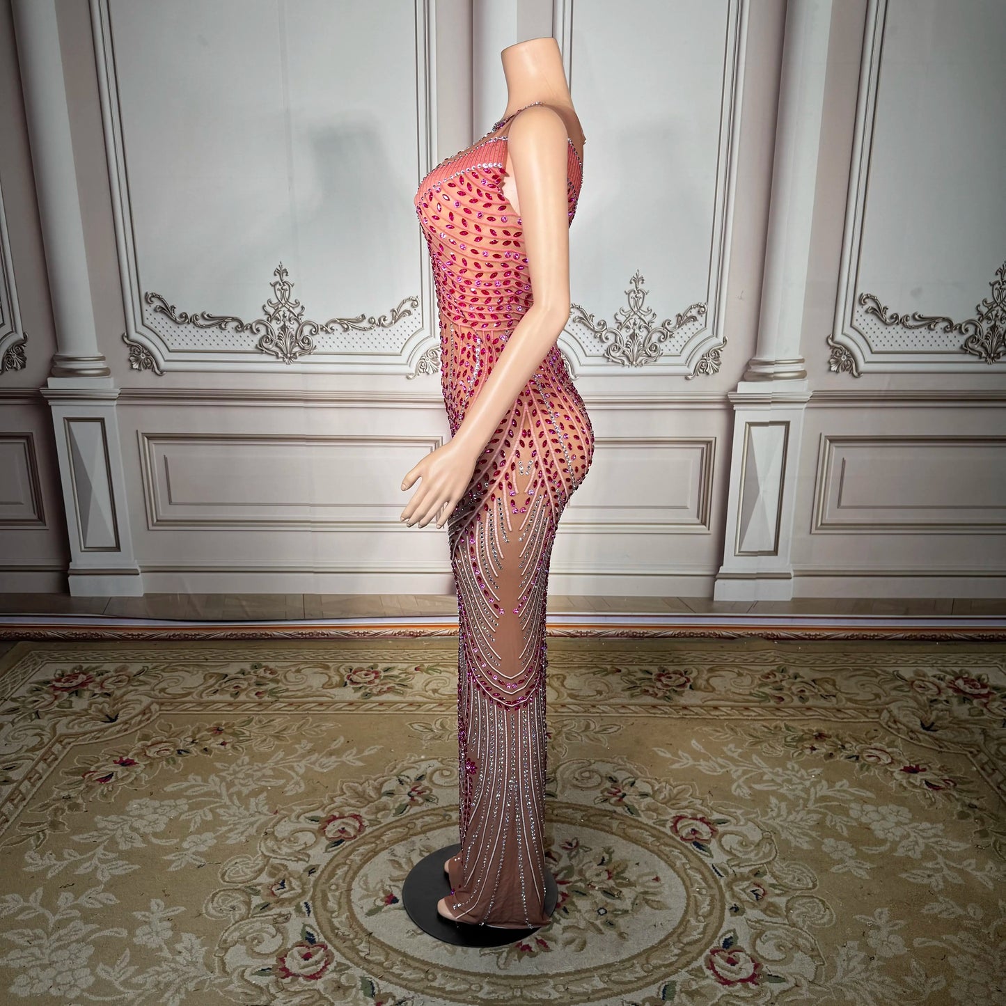 ZD XS-4XL Plus Size Red Rhinestone Gown-Elegant Sheer Panel Anti-Static Natural Evening Dress for Glamorous Celebrations