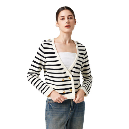 Knitwear Black white striped Merino wool elegant sweater coat Double Breasted gold cardigans women
