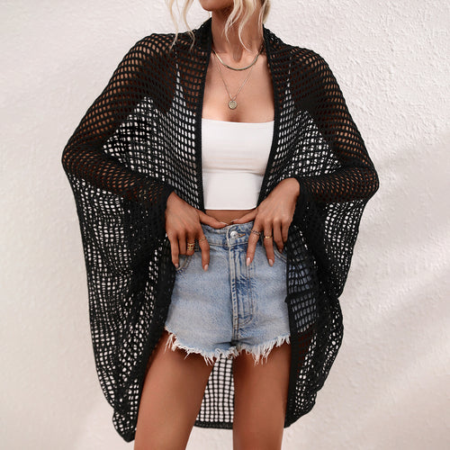 Trending summer oversize batwing sleeve cut out knitwear women mesh see through Beach coat for women