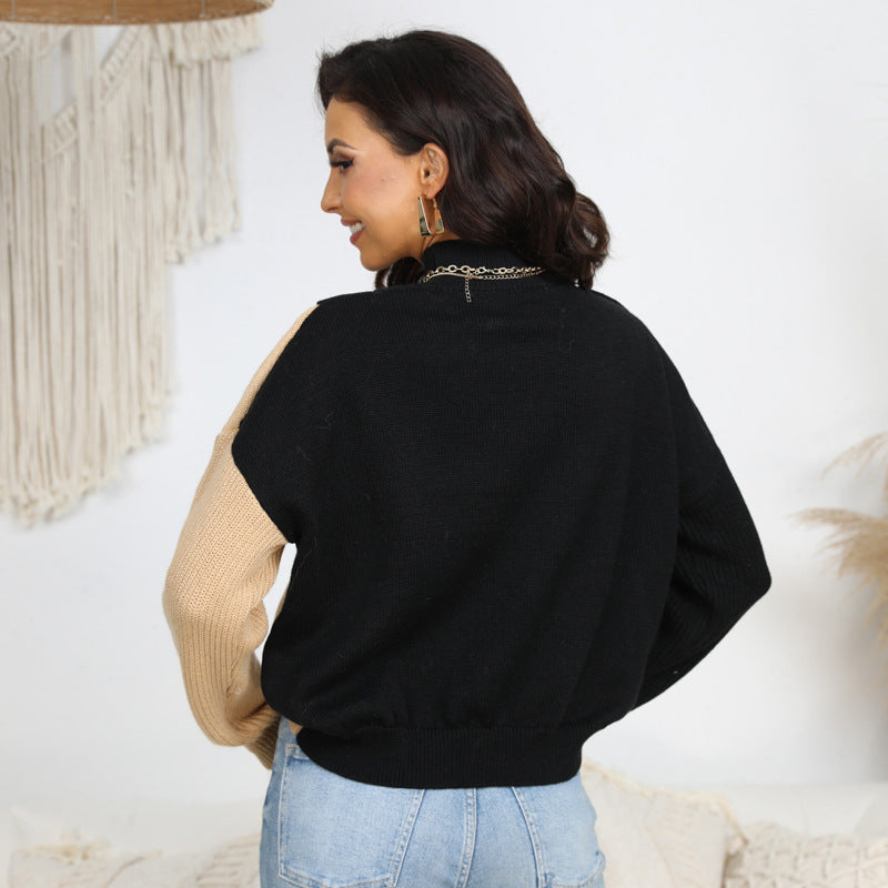 High quality crew neck long sleeve color blocking jumpers holiday style pullover casual women sweaters