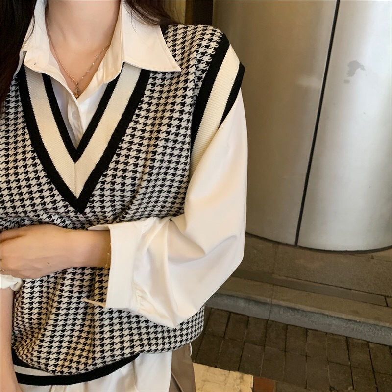 v neck autumn winter knitwear sleeveless vest color blocking loose unisex casual sweaters