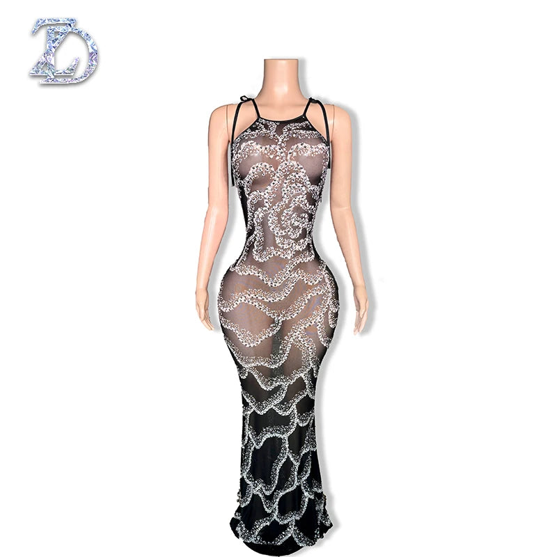 ZD Elegant Handmade Bow Collar Natural Rhinestone Sequins Maxi Dress Long One-Piece Ball Gown Luxury Woman Party Night Clubwear