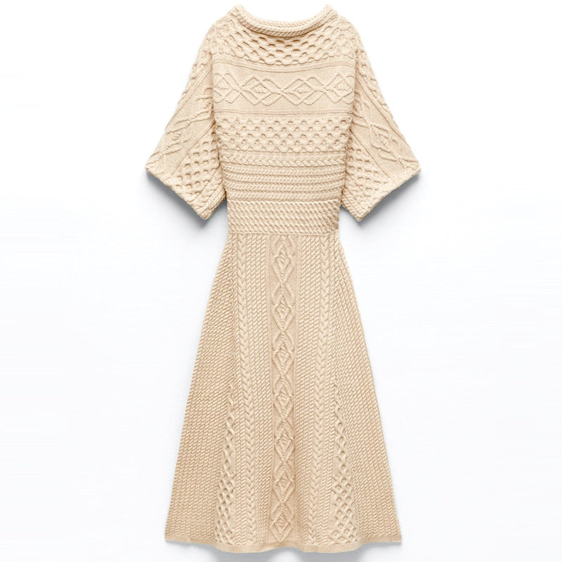 High-end design knitwear solid color women slim waist summer half-sleeve A-line long cable knitted dress