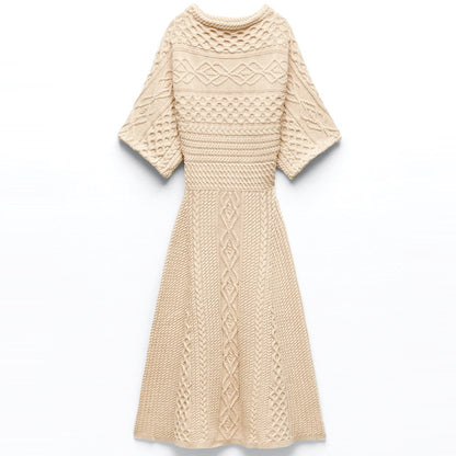 High-end design knitwear solid color women slim waist summer half-sleeve A-line long cable knitted dress