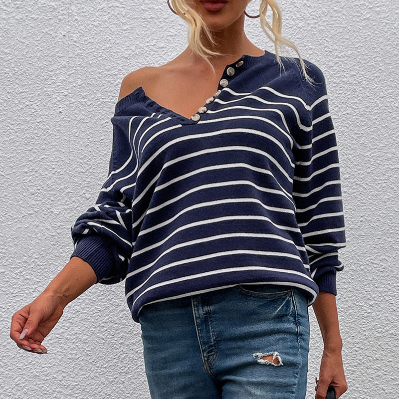 Hot sales autumn winter single-breasted button jumper mujer casual pullover striped leisure women sweaters