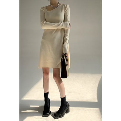 pure color asymmetrical neck pullover knitwear elegant Design sense niche knit dress women long sleeve base skirts