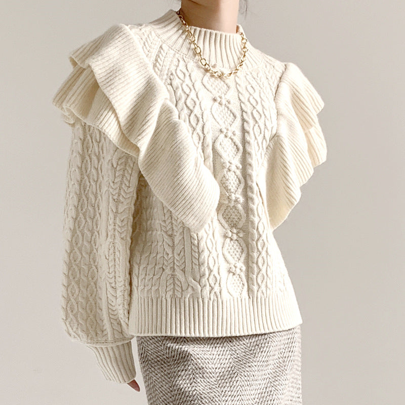 pure color puff sleeve women knitwear elegant pullover double layer cable knit top knitted sweater