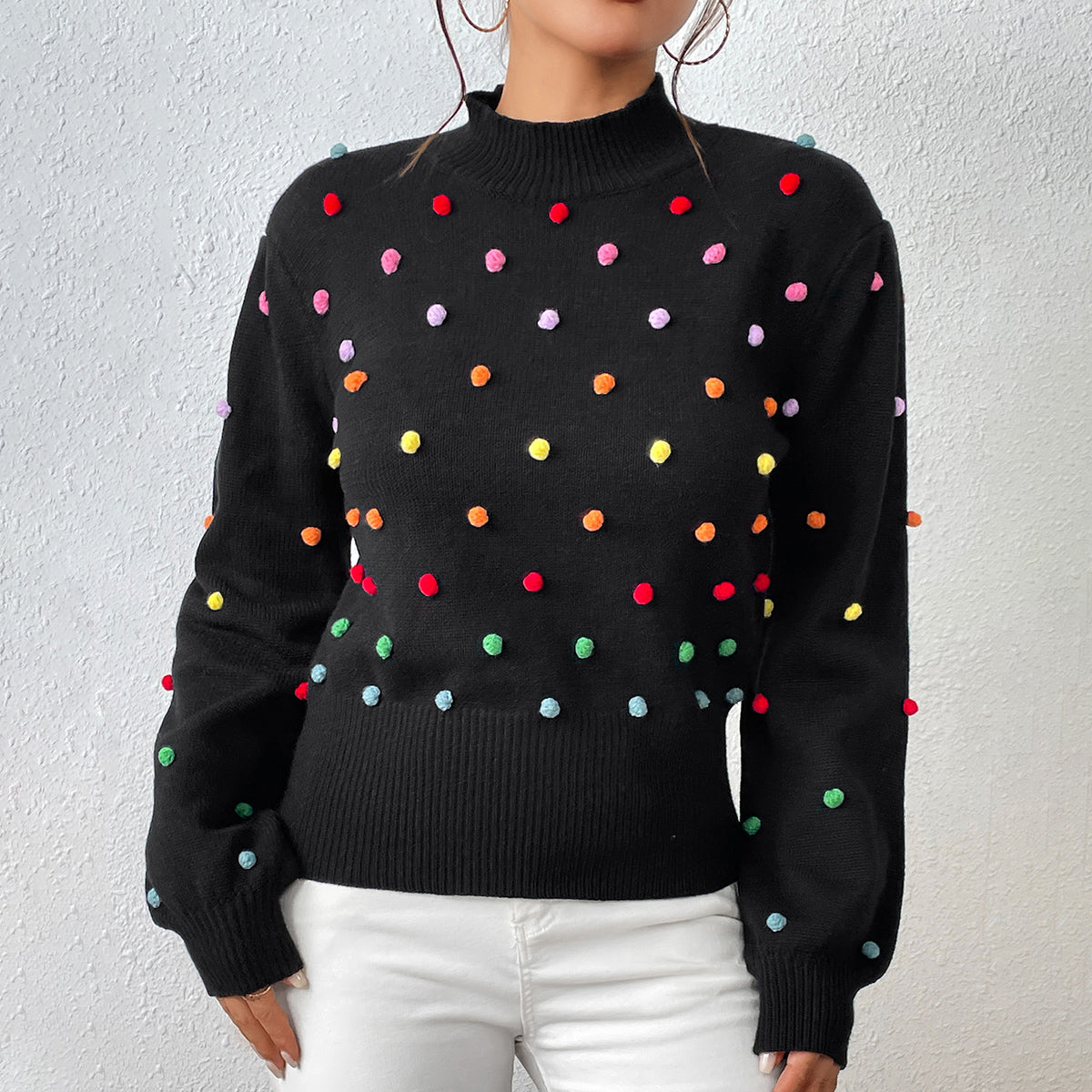 New arrivals Loose Elegant Colored beaded knitwear round neck pullover puff sleeve casual sweater women