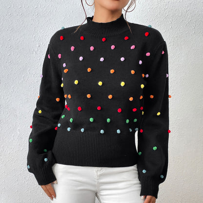 New arrivals Loose Elegant Colored beaded knitwear round neck pullover puff sleeve casual sweater women