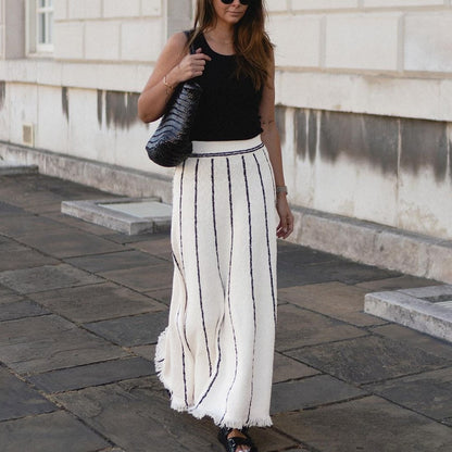 hot selling high waist knitted midi skirts elastic women elegant tassel A-line striped dress