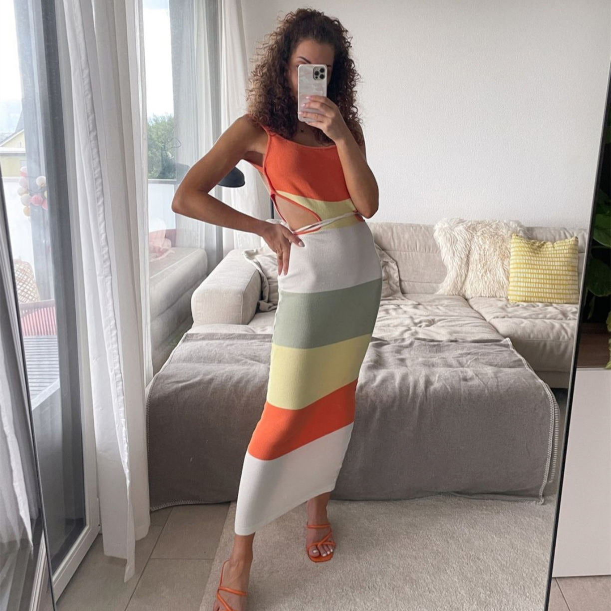 women clothing u neck hollow out knitwear vacation holiday color blocking summer maxi sexy beach dress