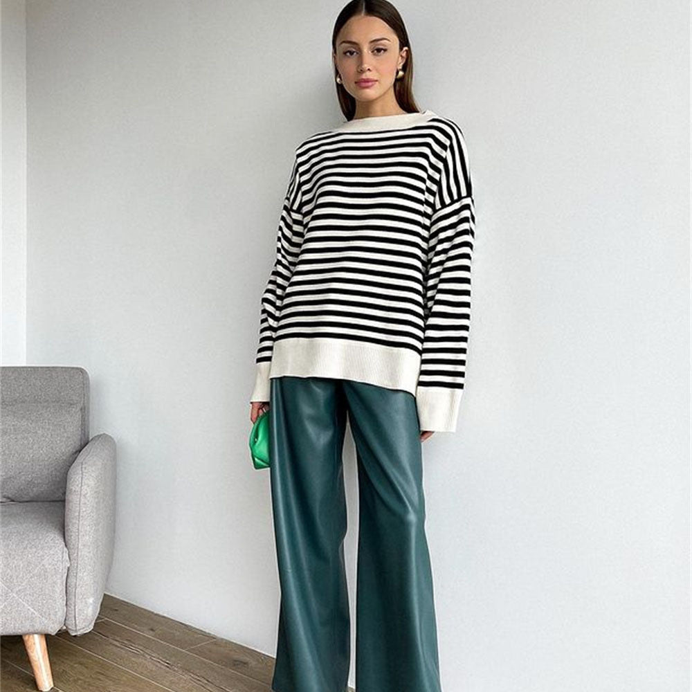 dropped shoulder jumpers crew neck oversize striped elegant pullover sweaters women
