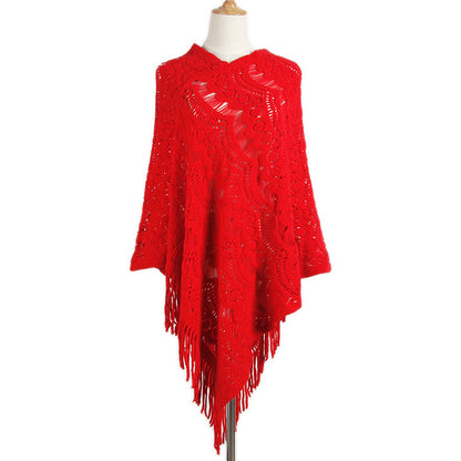 New Arrival Mid-length crocheted hollow out irregular tassel capes knitted pullover sweater women’s shawl