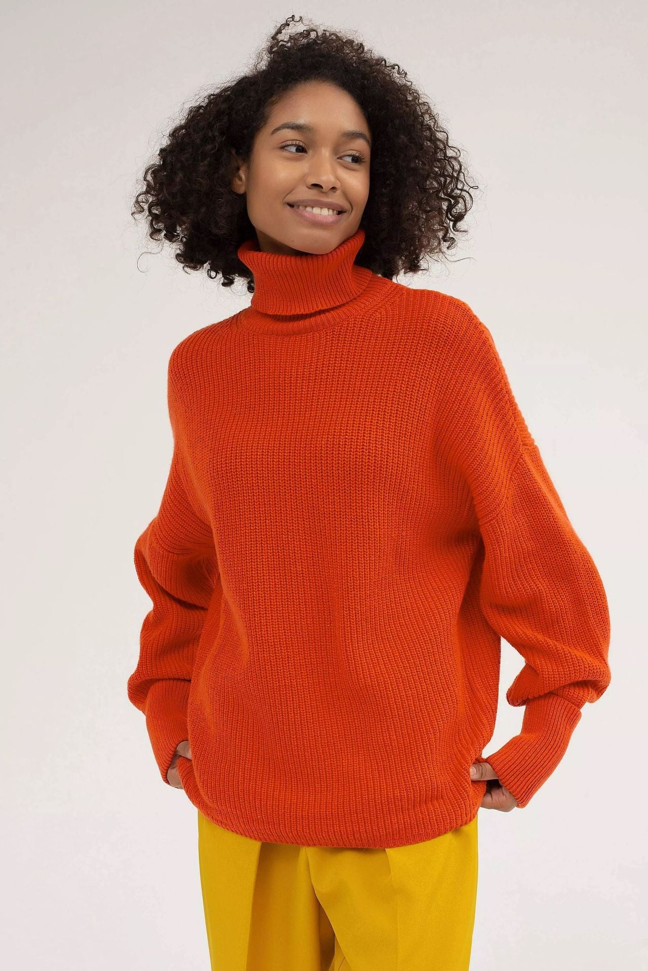 New design casual lantern sleeve knitwear turtleneck pure color women sweater pullover sweater