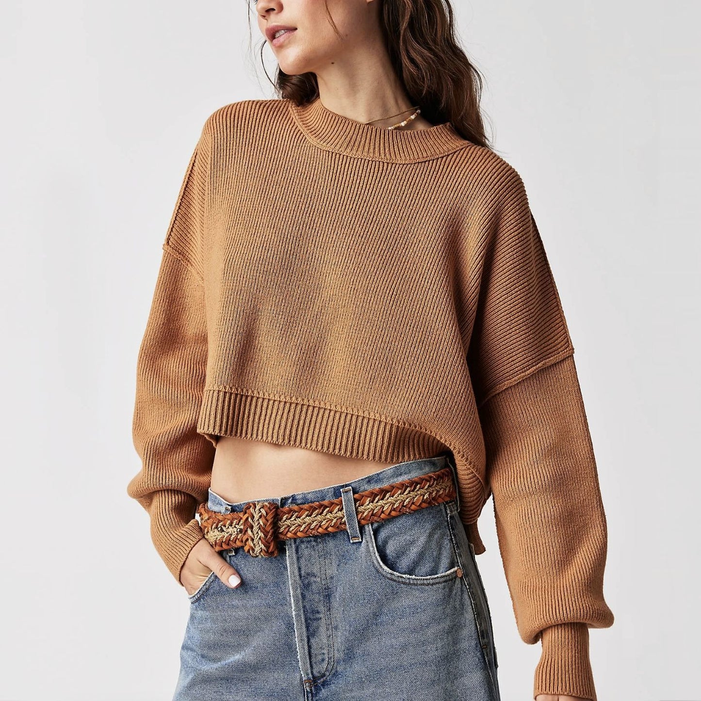 clothing round neck casual knitwear pullover striped oversize long sleeve short cropped sweaters women