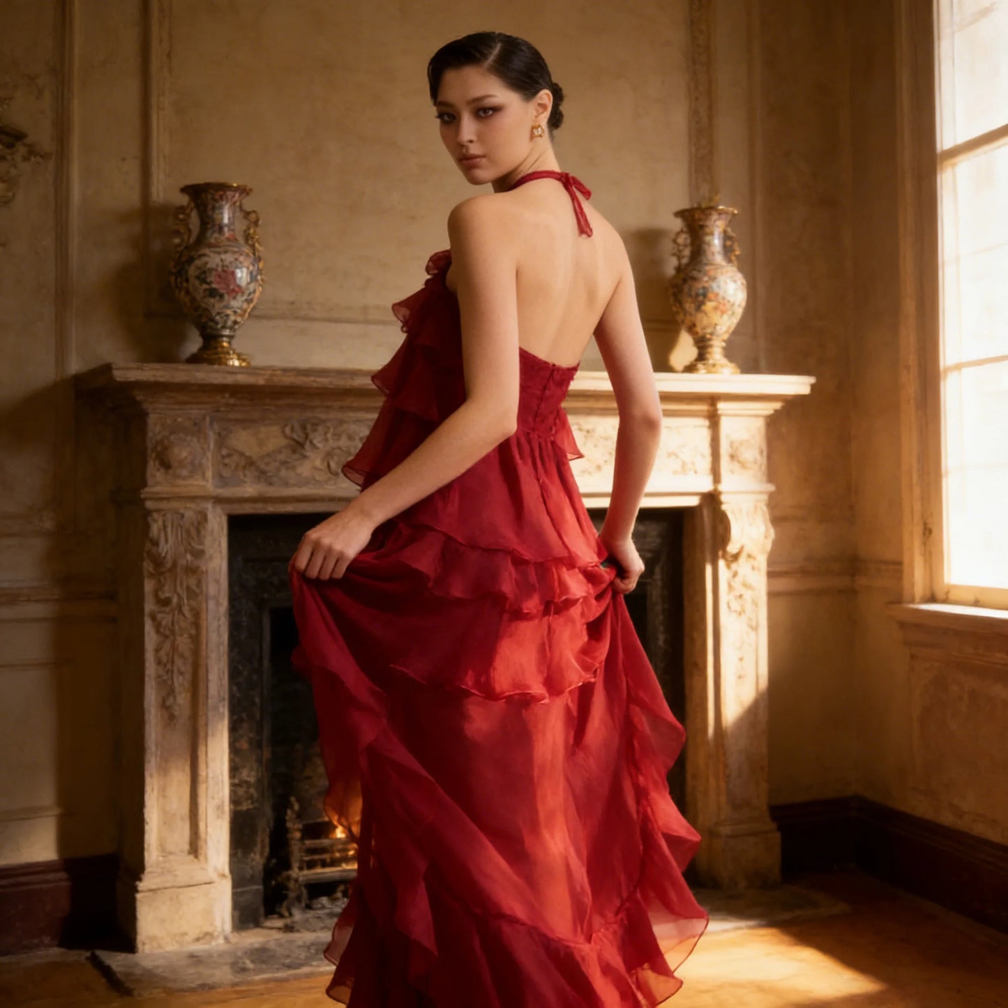 High Quality New 2026 Spring Modern A-Line Women’s Chiffon Maxi Dress Allover Cascading Ruffle Flower Patterns Quick Dry RED