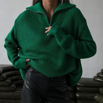 Fashion Women turn down collar Half Zipper knitted loose casual knitwear fall winter sweaters