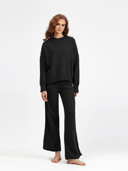 Knitwear o- neck ribbed pullover sweater 2 piece sets women wide leg pants oversize casual knitted outfits