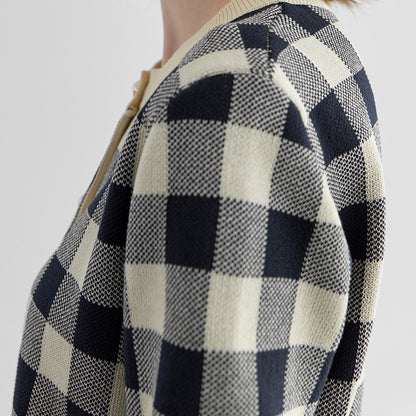 Trending Summer British style short sleeve cardigans women’s thin round neck checkerboard knitted top