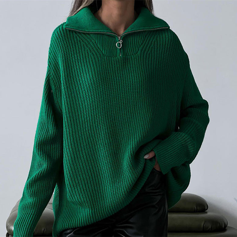 Fashion Women turn down collar Half Zipper knitted loose casual knitwear fall winter sweaters